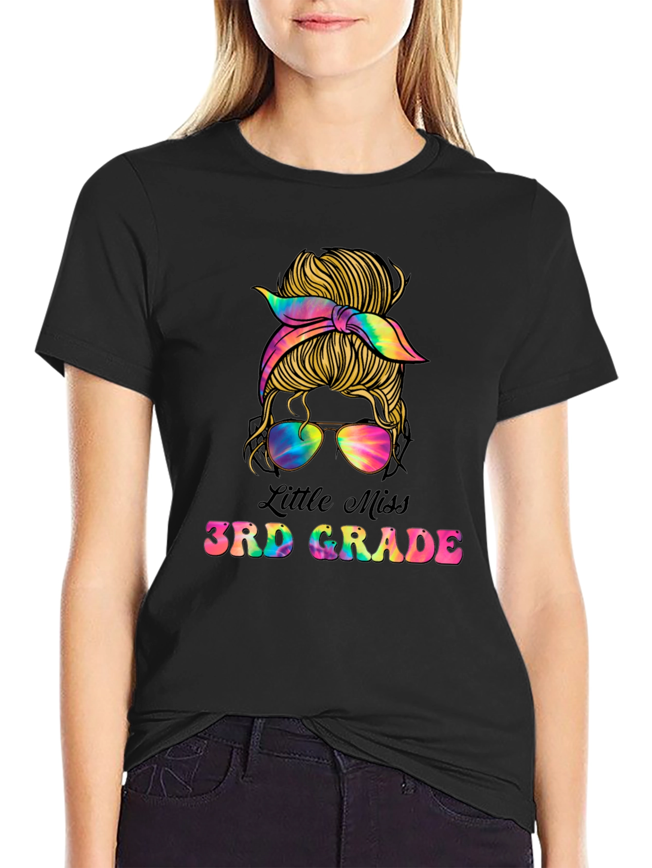 Little Miss 3rd Grade Messy Bun Tie Dye T-Shirt