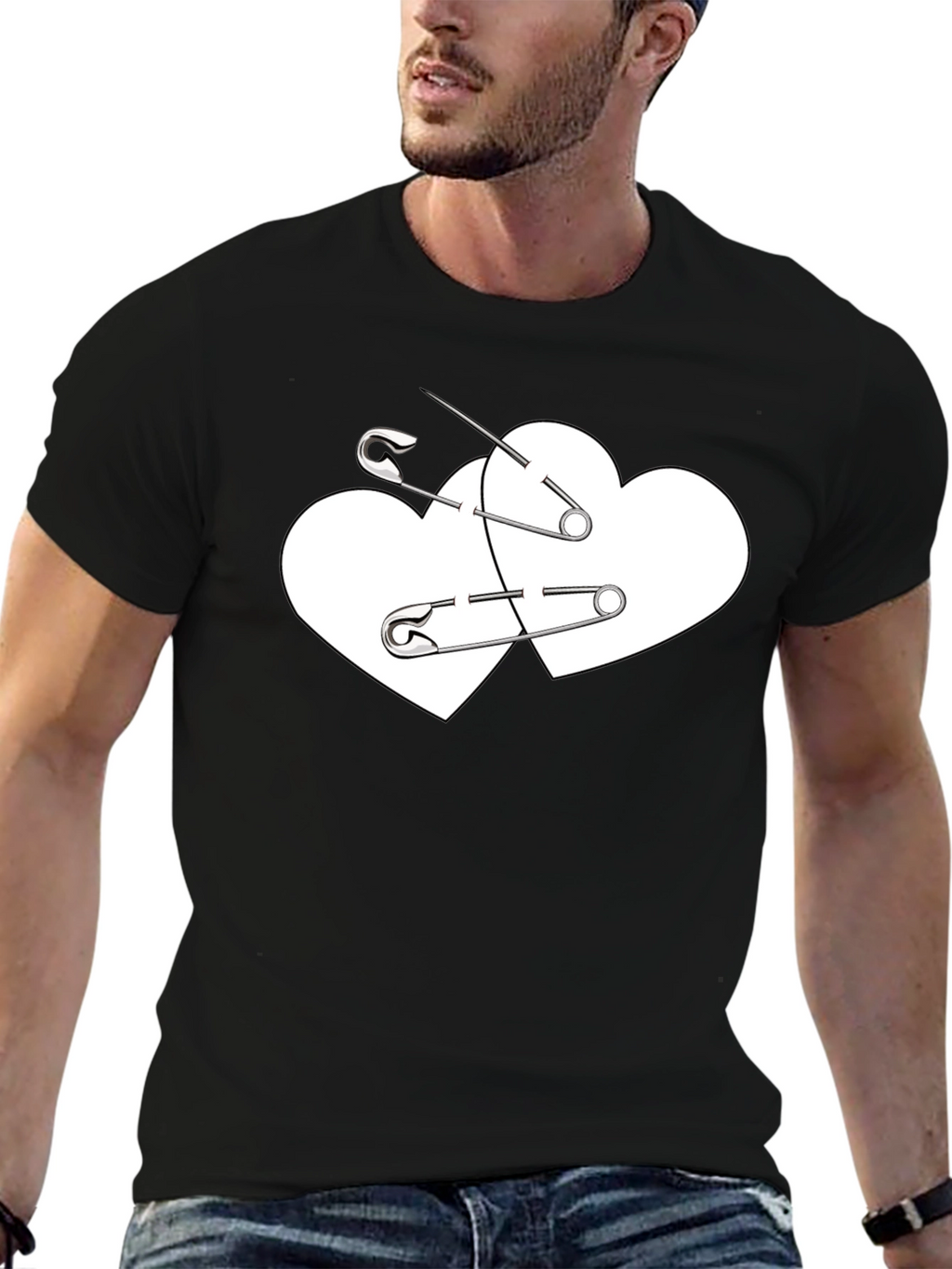 Safety Pin Heart Graphic Tee - Black
