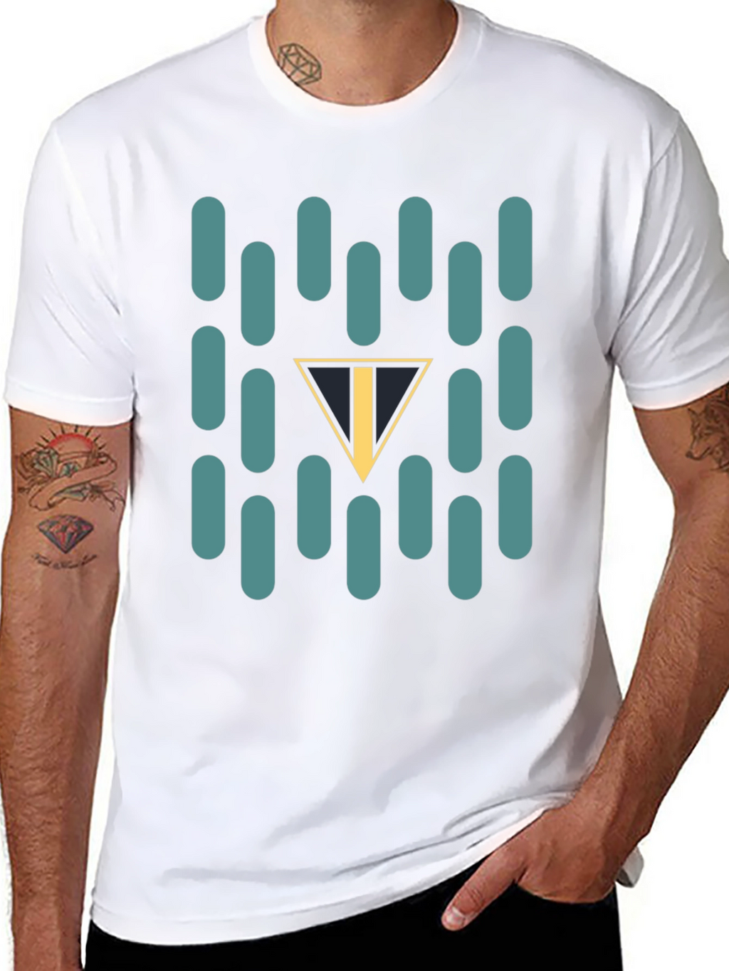 Abstract Teal Capsule and Triangle Graphic Black T-Shirt