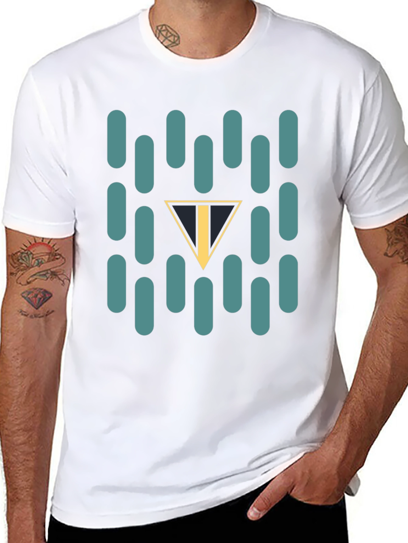 Abstract Teal Capsule and Triangle Graphic Black T-Shirt