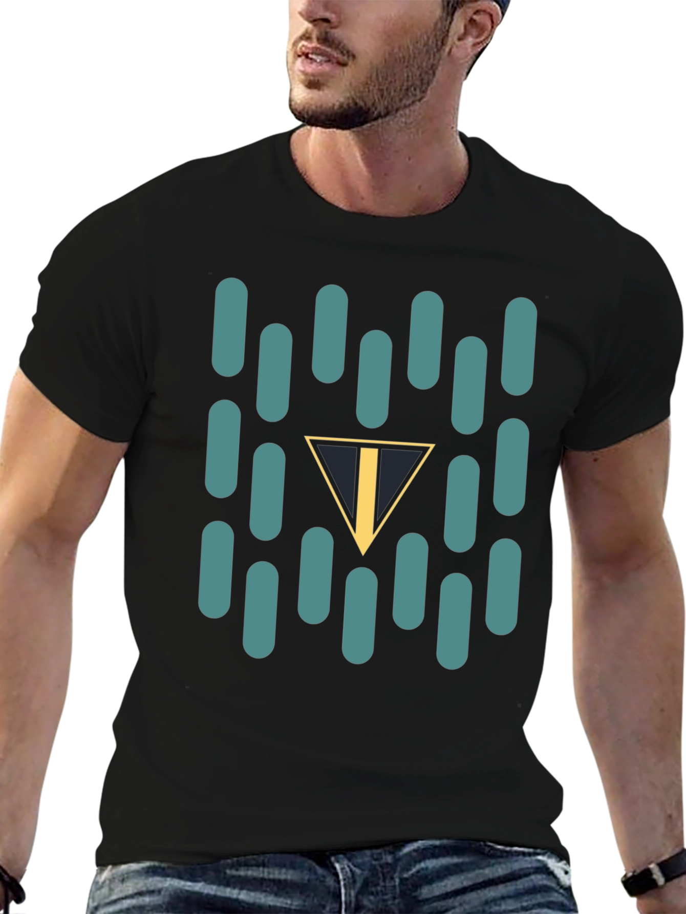 Abstract Teal Capsule and Triangle Graphic Black T-Shirt