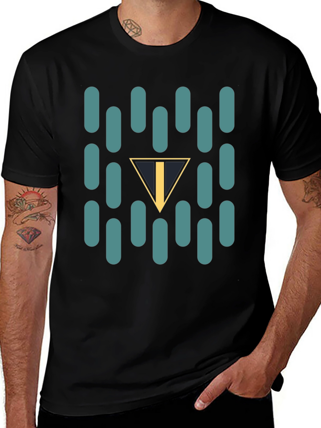 Abstract Teal Capsule and Triangle Graphic Black T-Shirt