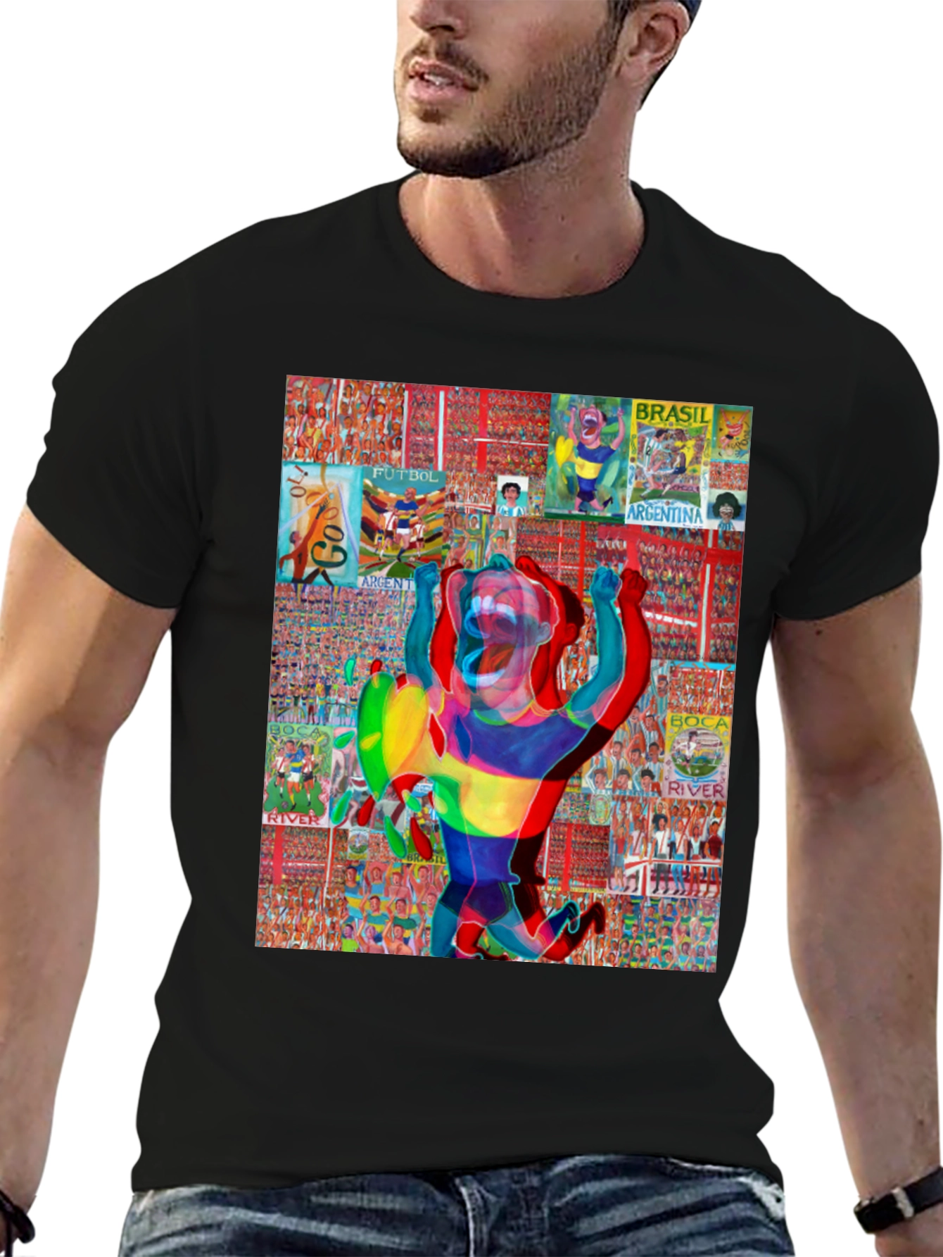Soccer Collage Graphic Tee - Black Cotton Blend
