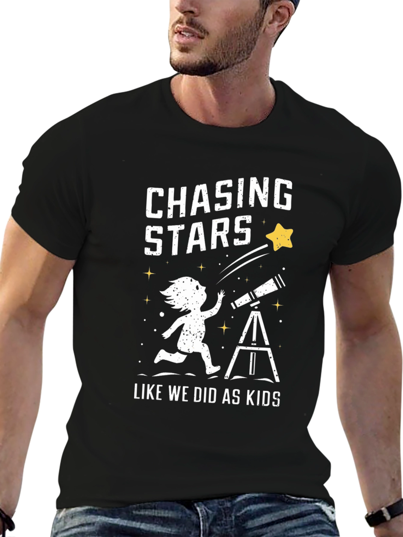 Chasing Stars Graphic Tee - Black Cotton T-Shirt
