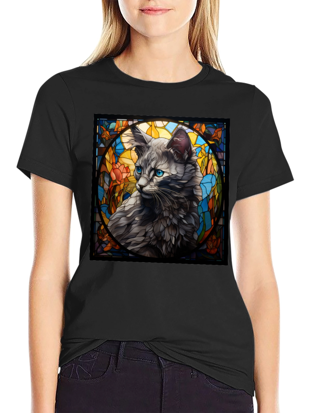 Stained Glass Cat Graphic Tee - Unique Design