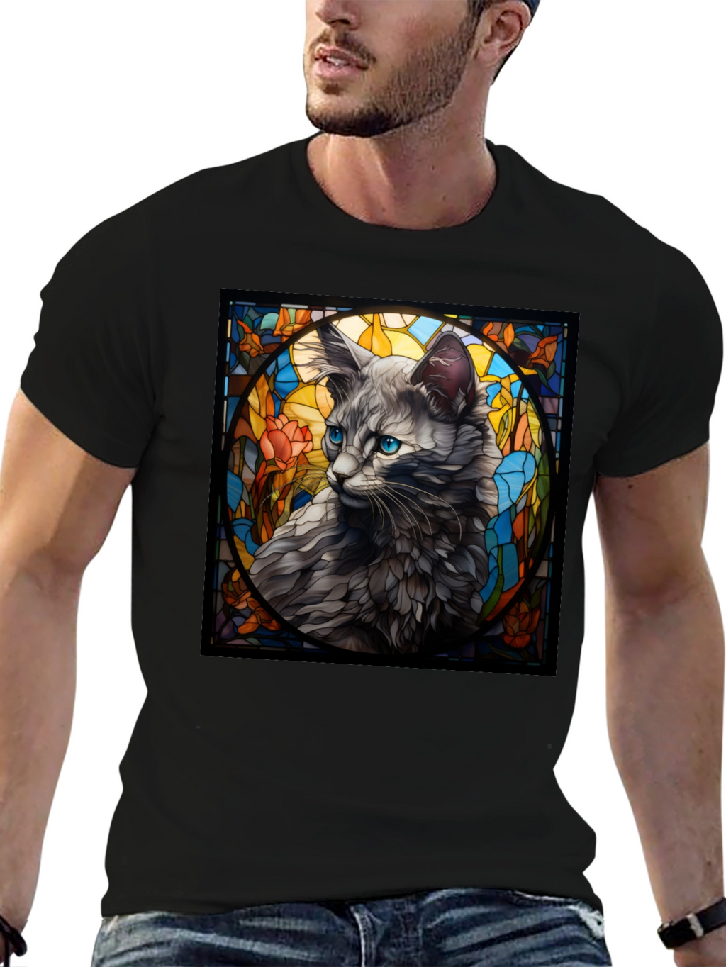 Stained Glass Cat Graphic Tee - Unique Design