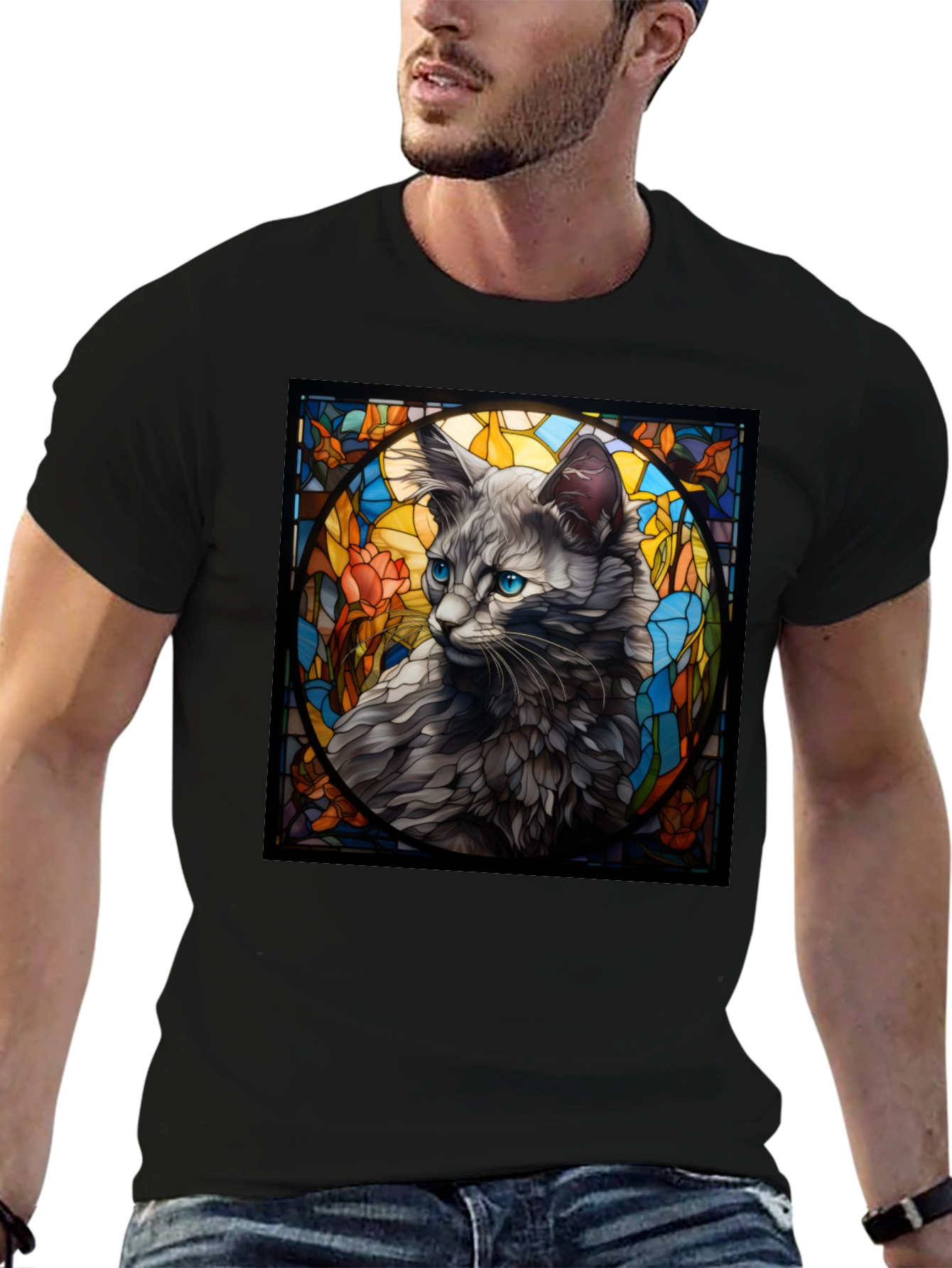 Stained Glass Cat Graphic Tee - Unique Design