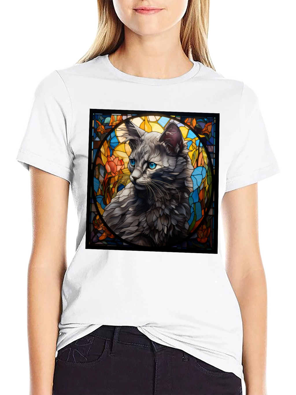Stained Glass Cat Graphic Tee - Unique Design