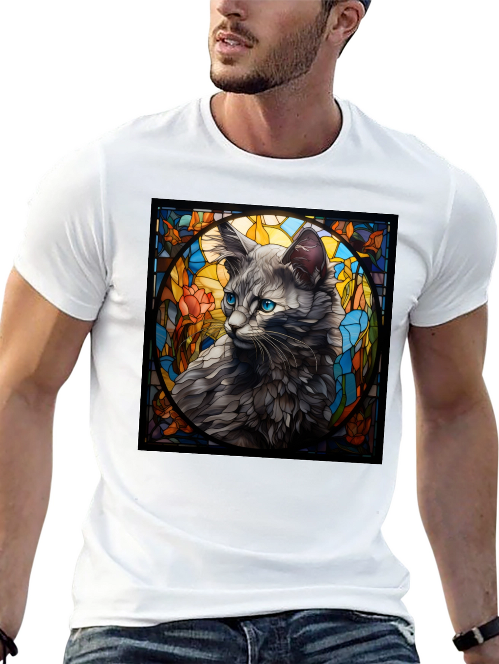 Stained Glass Cat Graphic Tee - Unique Design