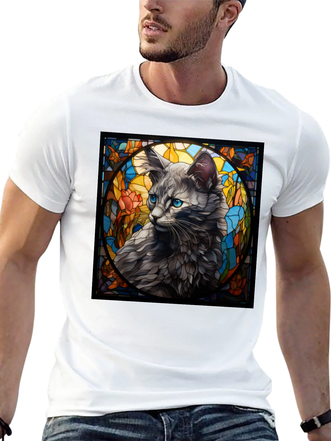Stained Glass Cat Graphic Tee - Unique Design