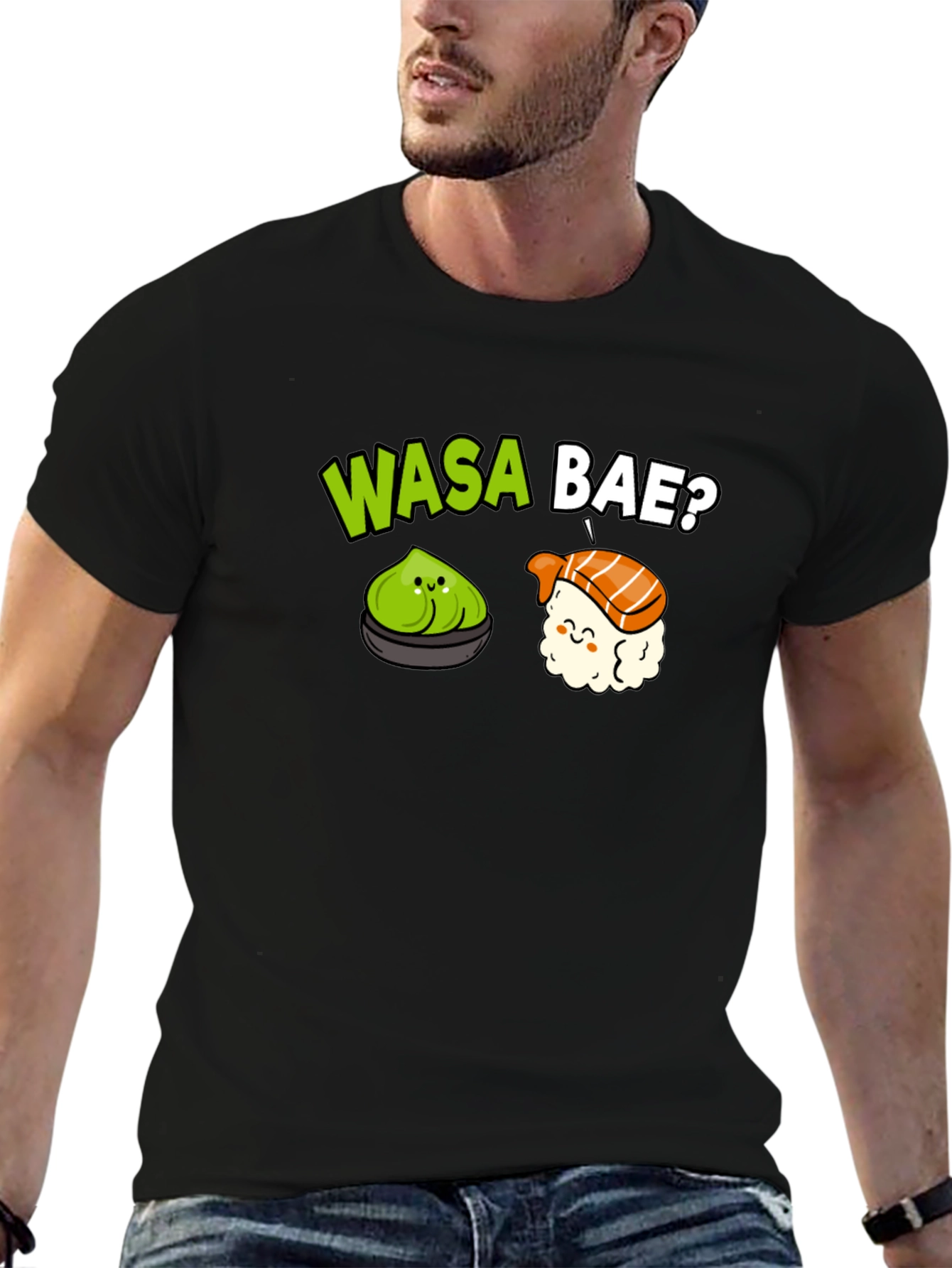 Wasa Bae? Sushi Pun T-Shirt - Black Cotton