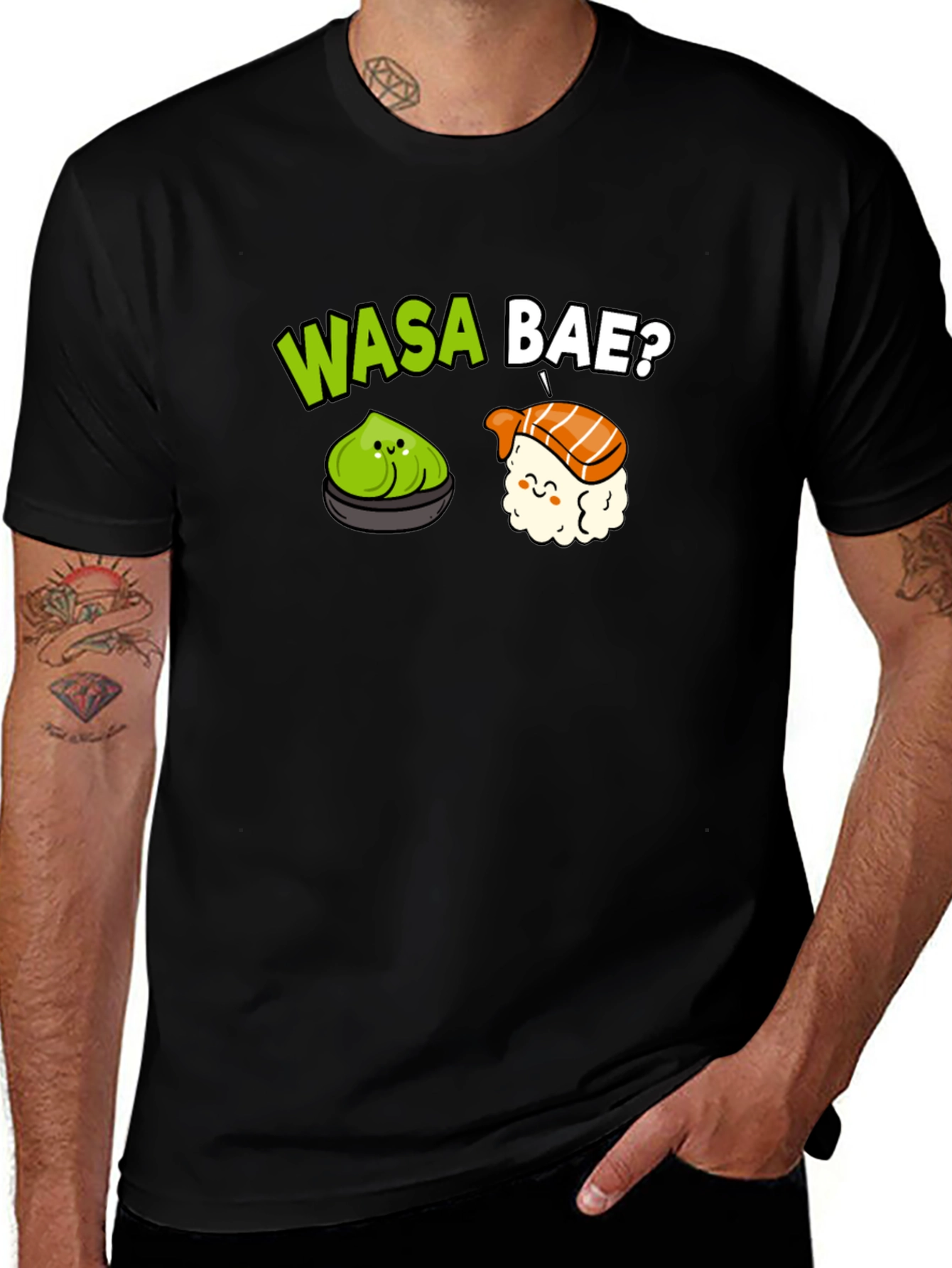 Wasa Bae? Sushi Pun T-Shirt - Black Cotton