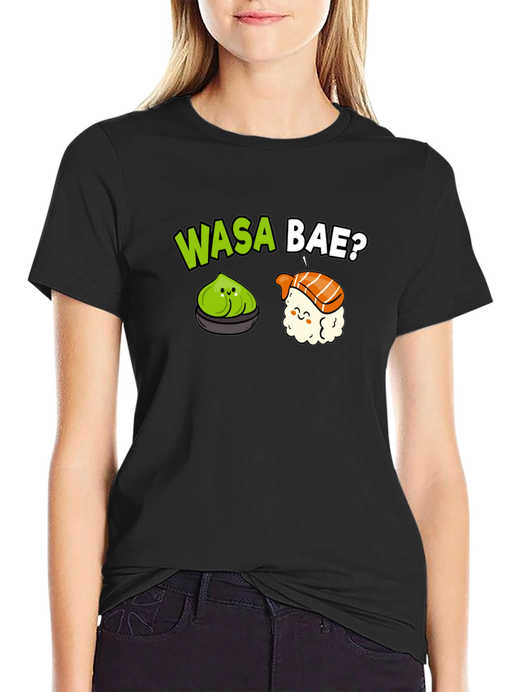 Wasa Bae? Sushi Pun T-Shirt - Black Cotton