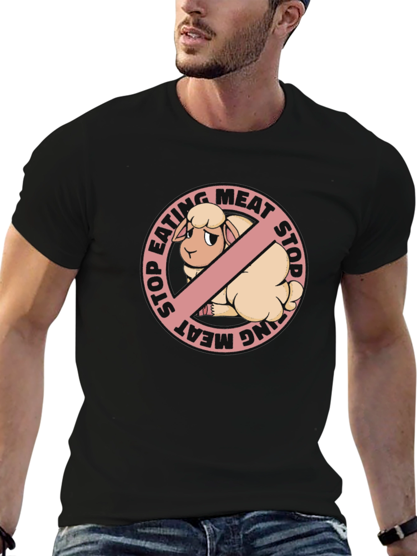 Stop Eating Meat Vegan T-Shirt with Sheep Graphic