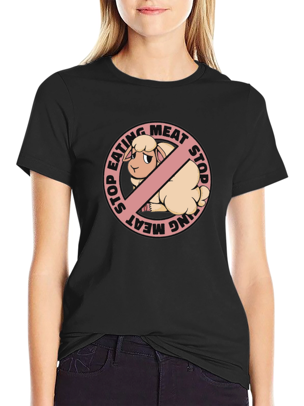 Stop Eating Meat Vegan T-Shirt with Sheep Graphic