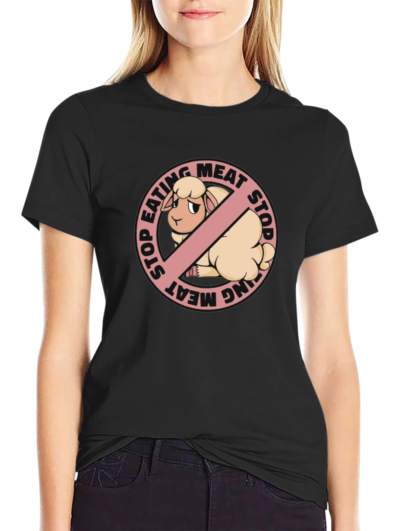 Stop Eating Meat Vegan T-Shirt with Sheep Graphic