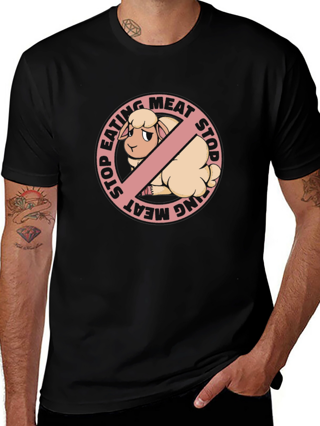 Stop Eating Meat Vegan T-Shirt with Sheep Graphic