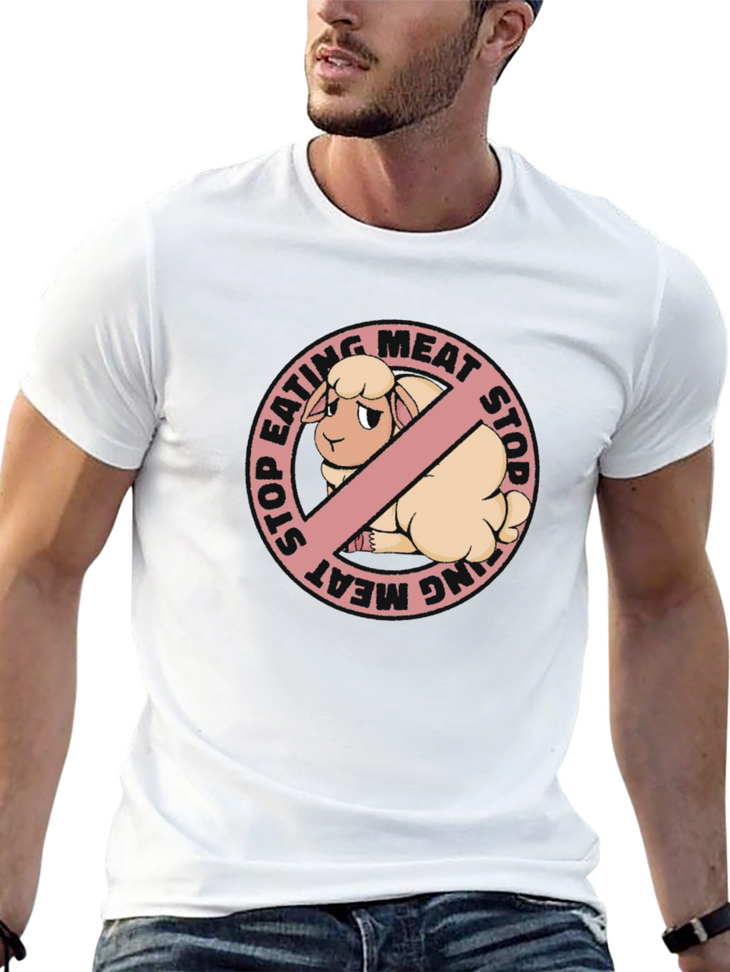 Stop Eating Meat Vegan T-Shirt with Sheep Graphic