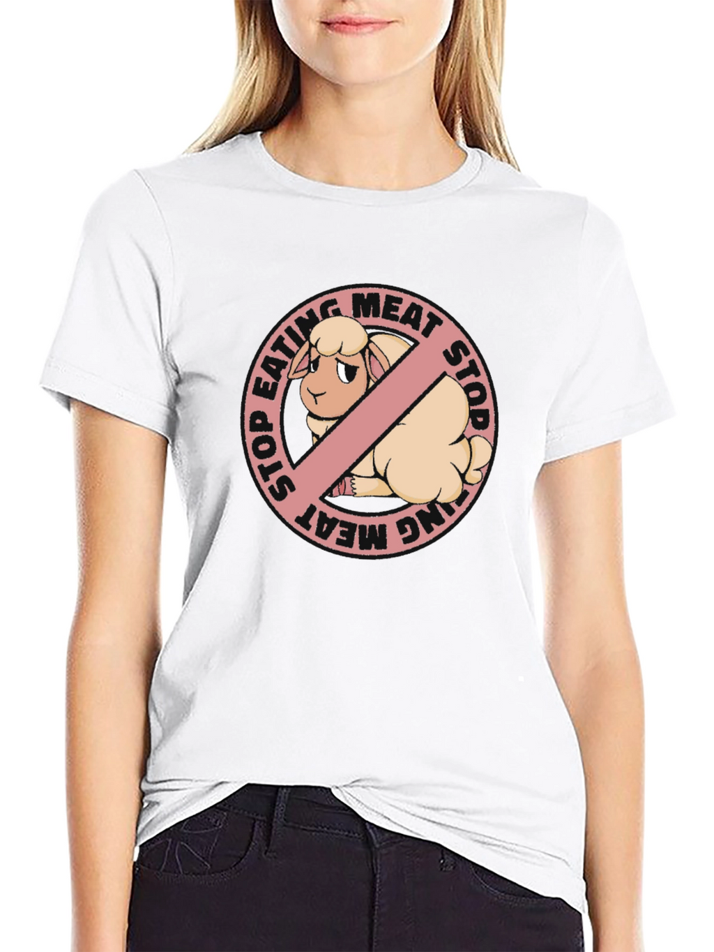 Stop Eating Meat Vegan T-Shirt with Sheep Graphic