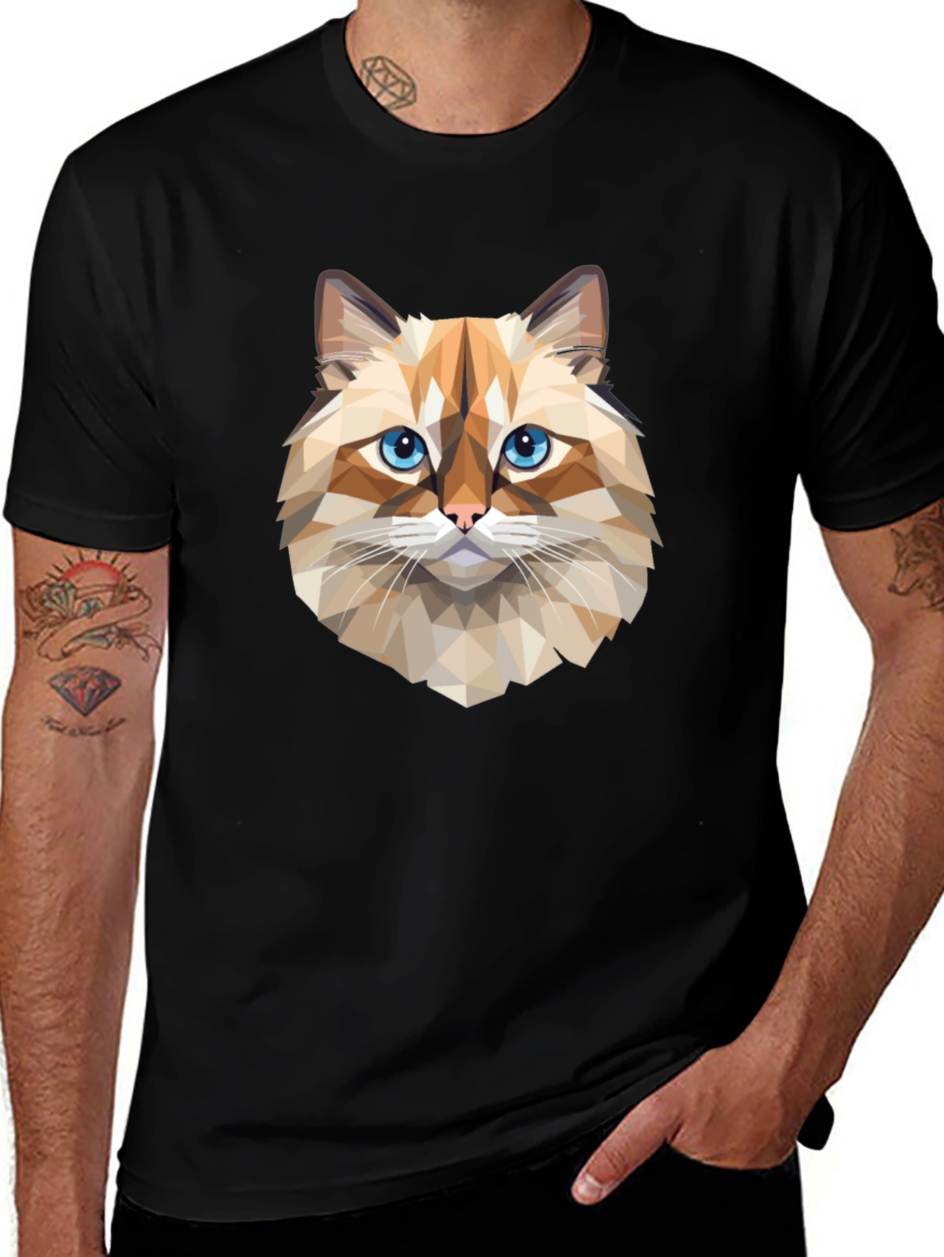 Geometric Cat Graphic Tee - Black