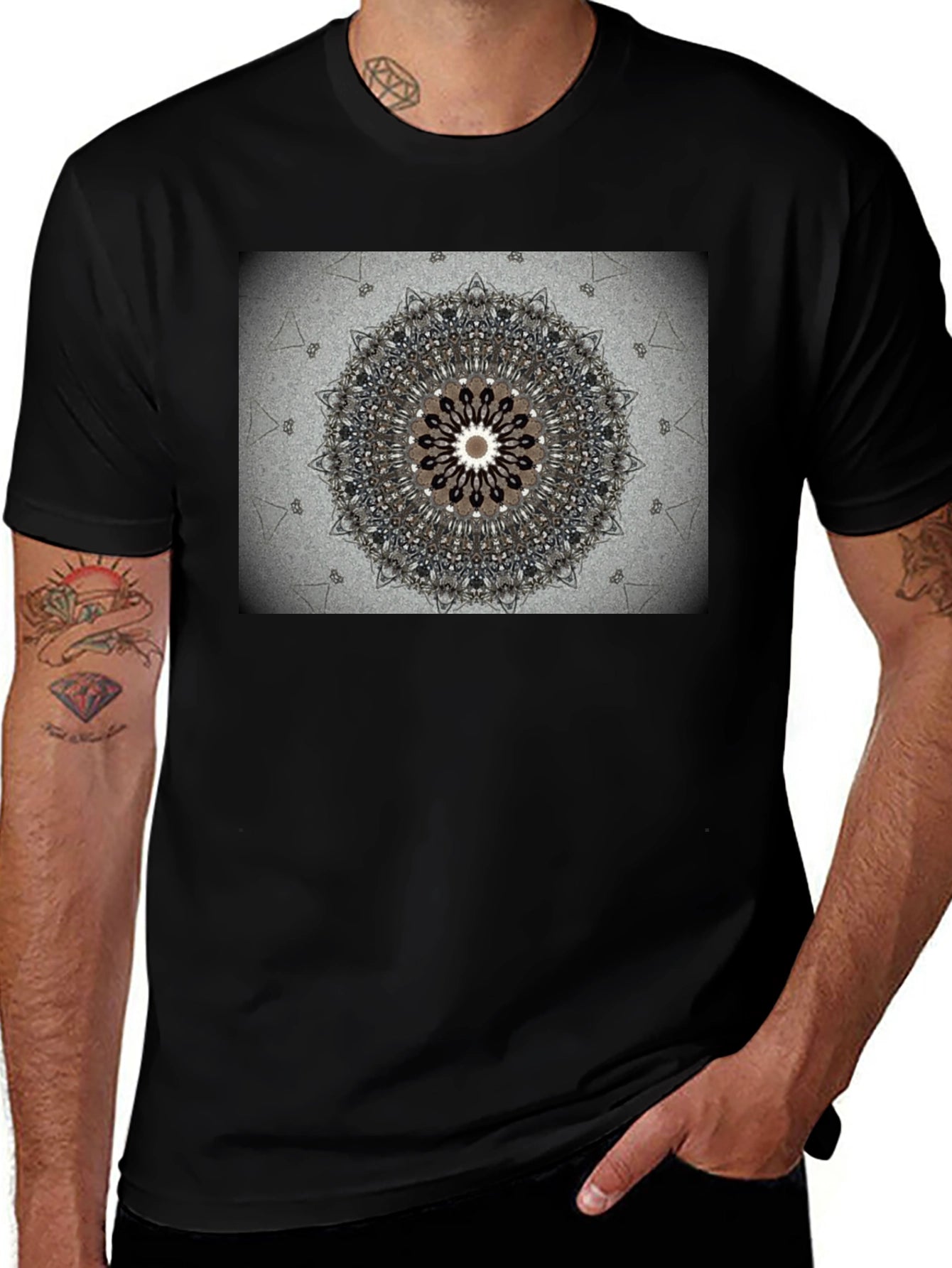 Geometric Mandala Print Black Crewneck T-Shirt