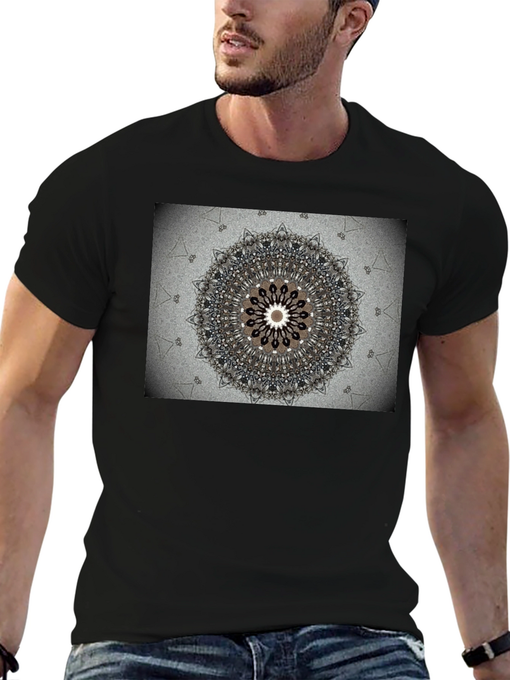 Geometric Mandala Print Black Crewneck T-Shirt