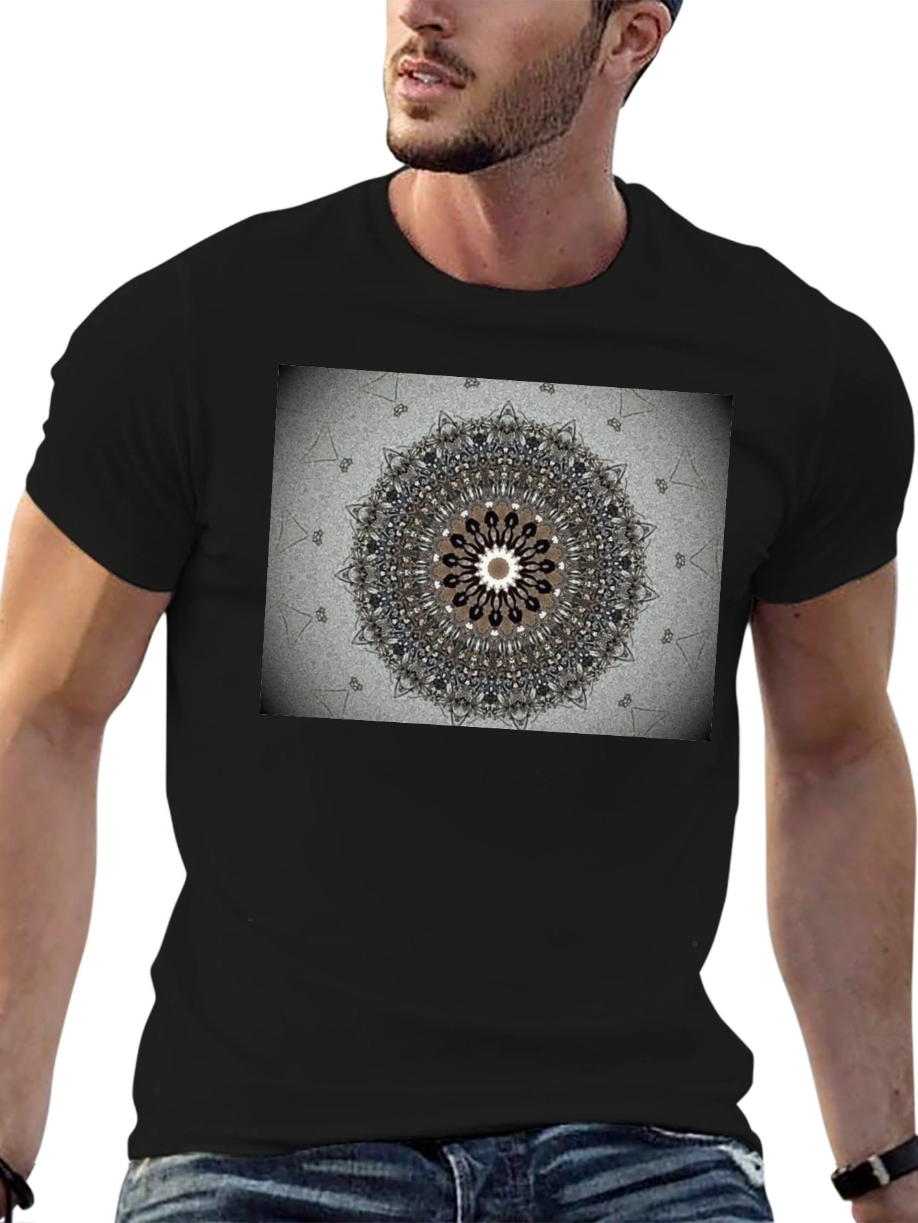 Geometric Mandala Print Black Crewneck T-Shirt