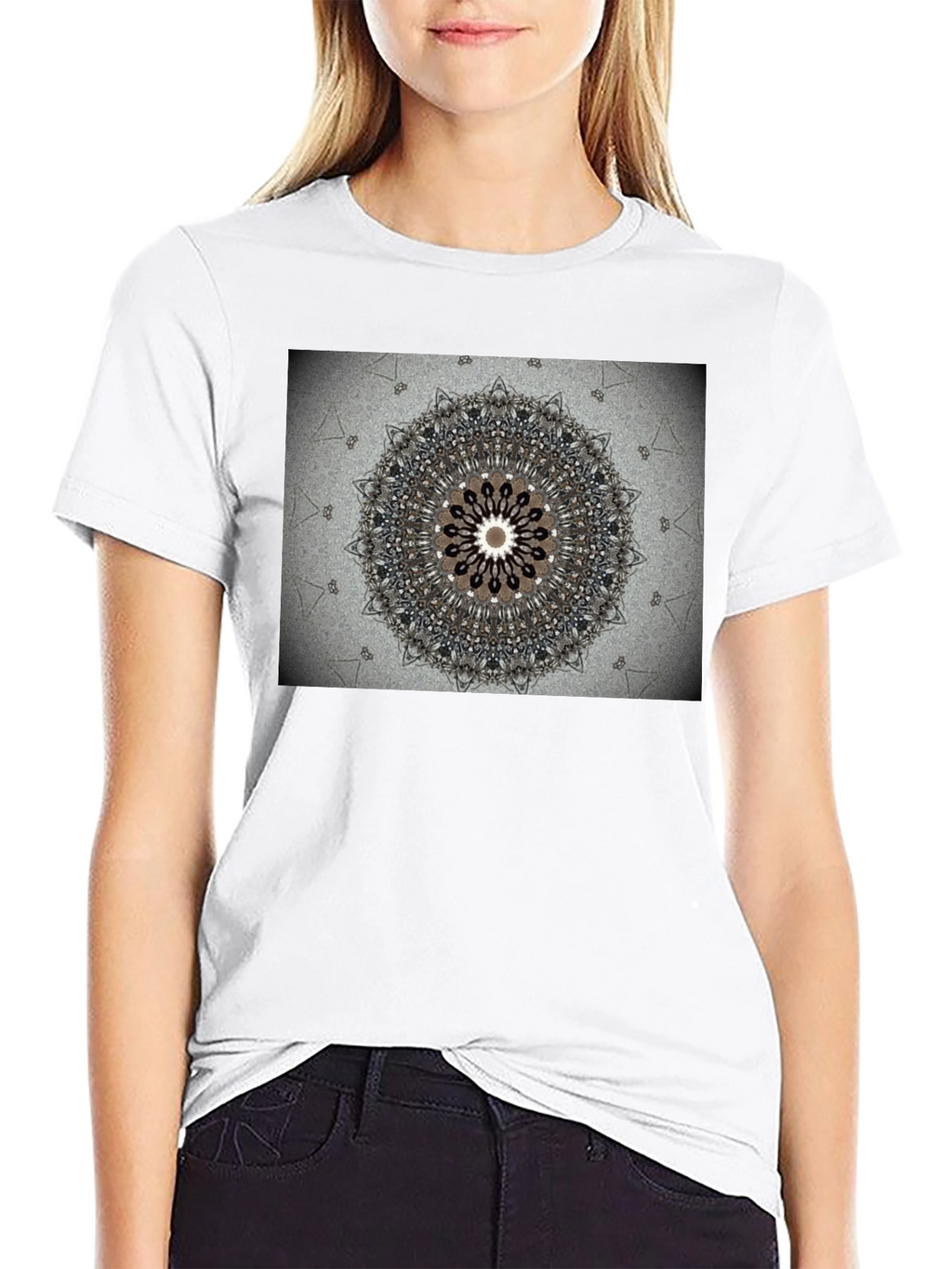 Geometric Mandala Print Black Crewneck T-Shirt