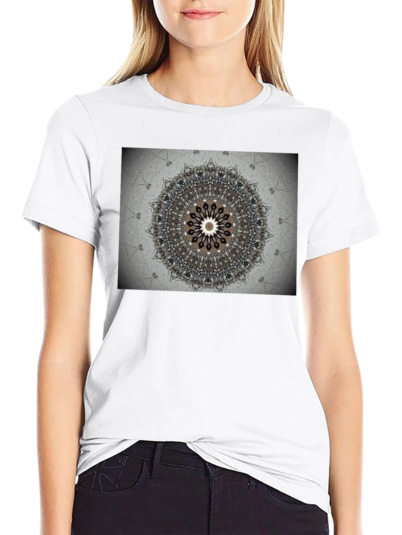 Geometric Mandala Print Black Crewneck T-Shirt