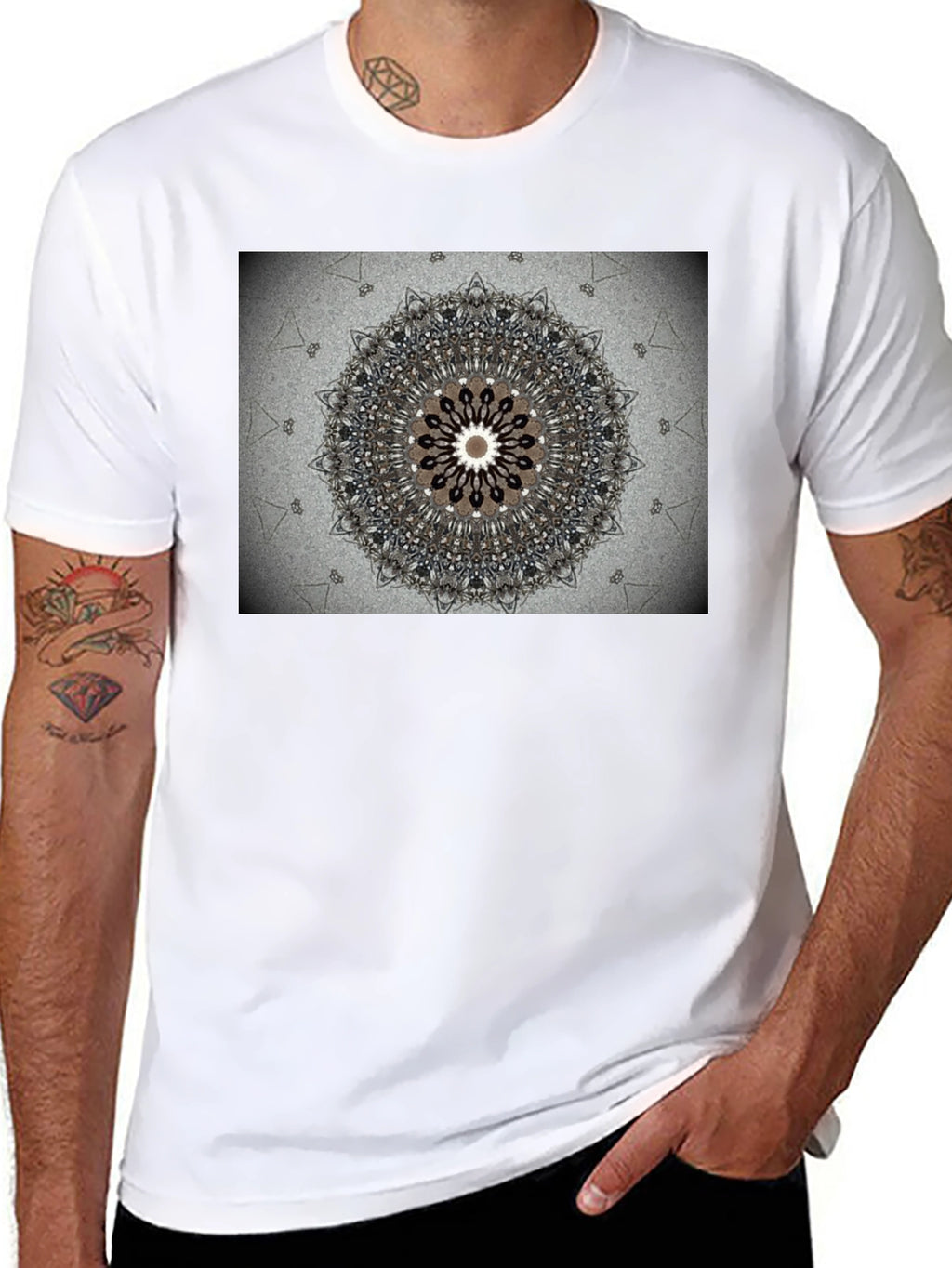 Geometric Mandala Print Black Crewneck T-Shirt