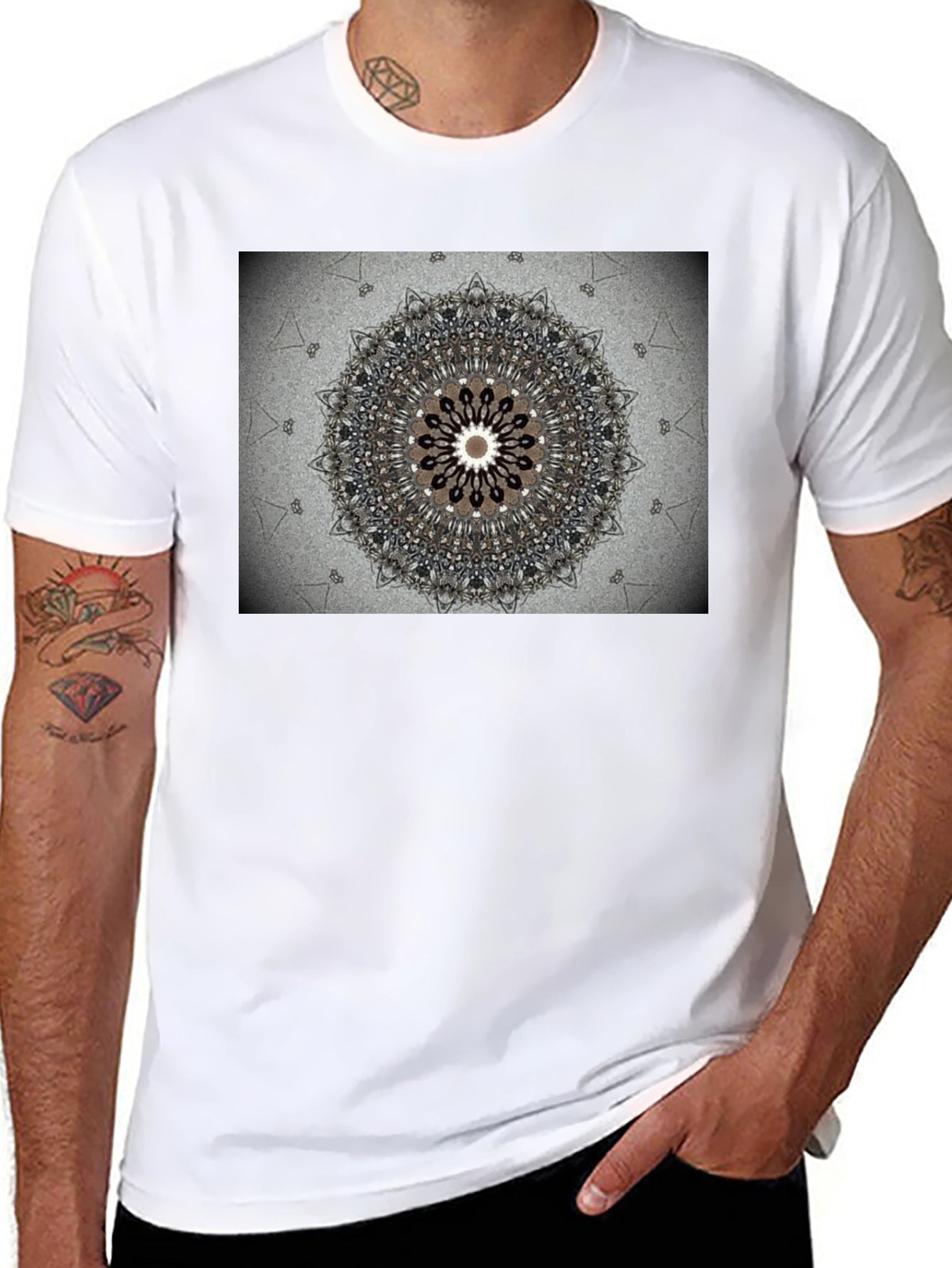Geometric Mandala Print Black Crewneck T-Shirt