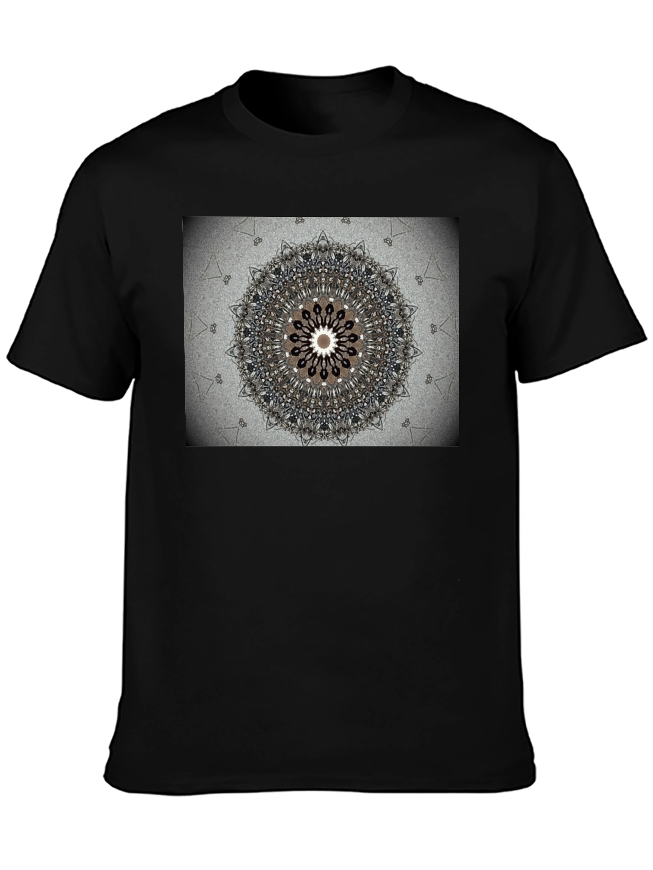 Geometric Mandala Print Black Crewneck T-Shirt