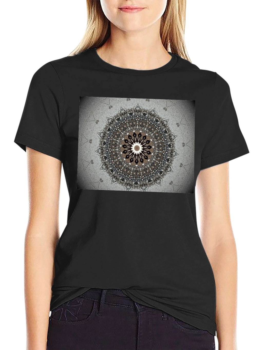 Geometric Mandala Print Black Crewneck T-Shirt