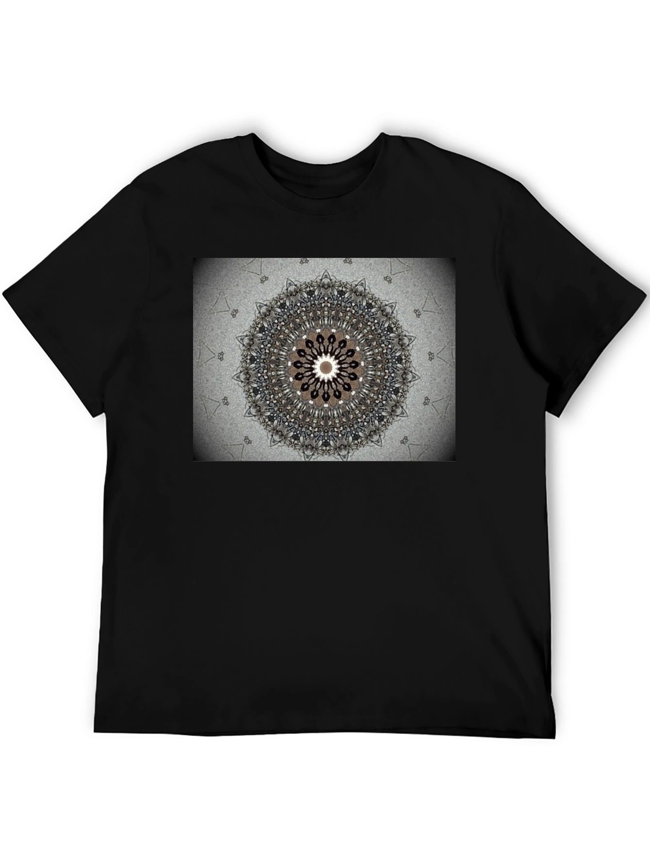 Geometric Mandala Print Black Crewneck T-Shirt