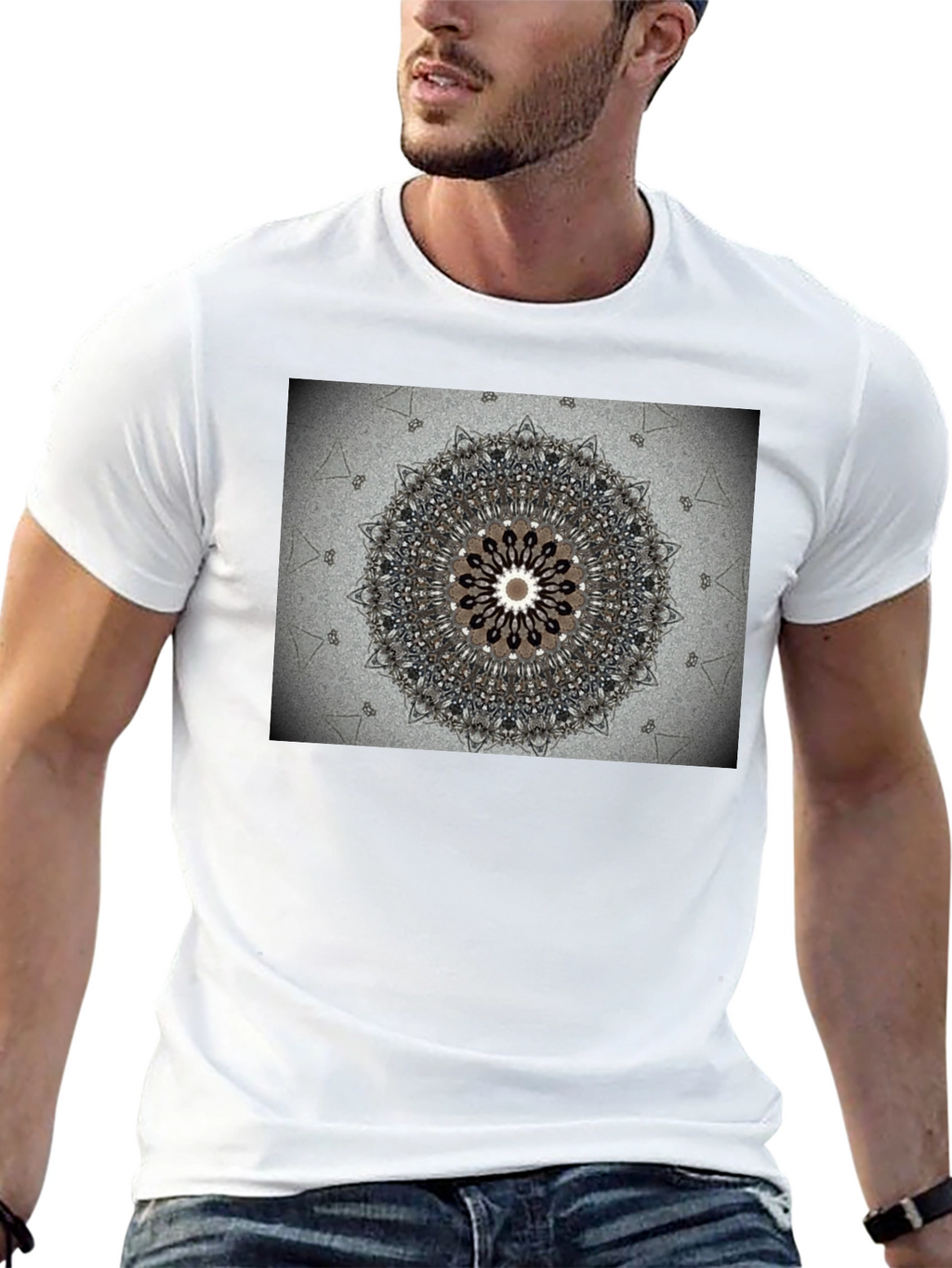 Geometric Mandala Print Black Crewneck T-Shirt