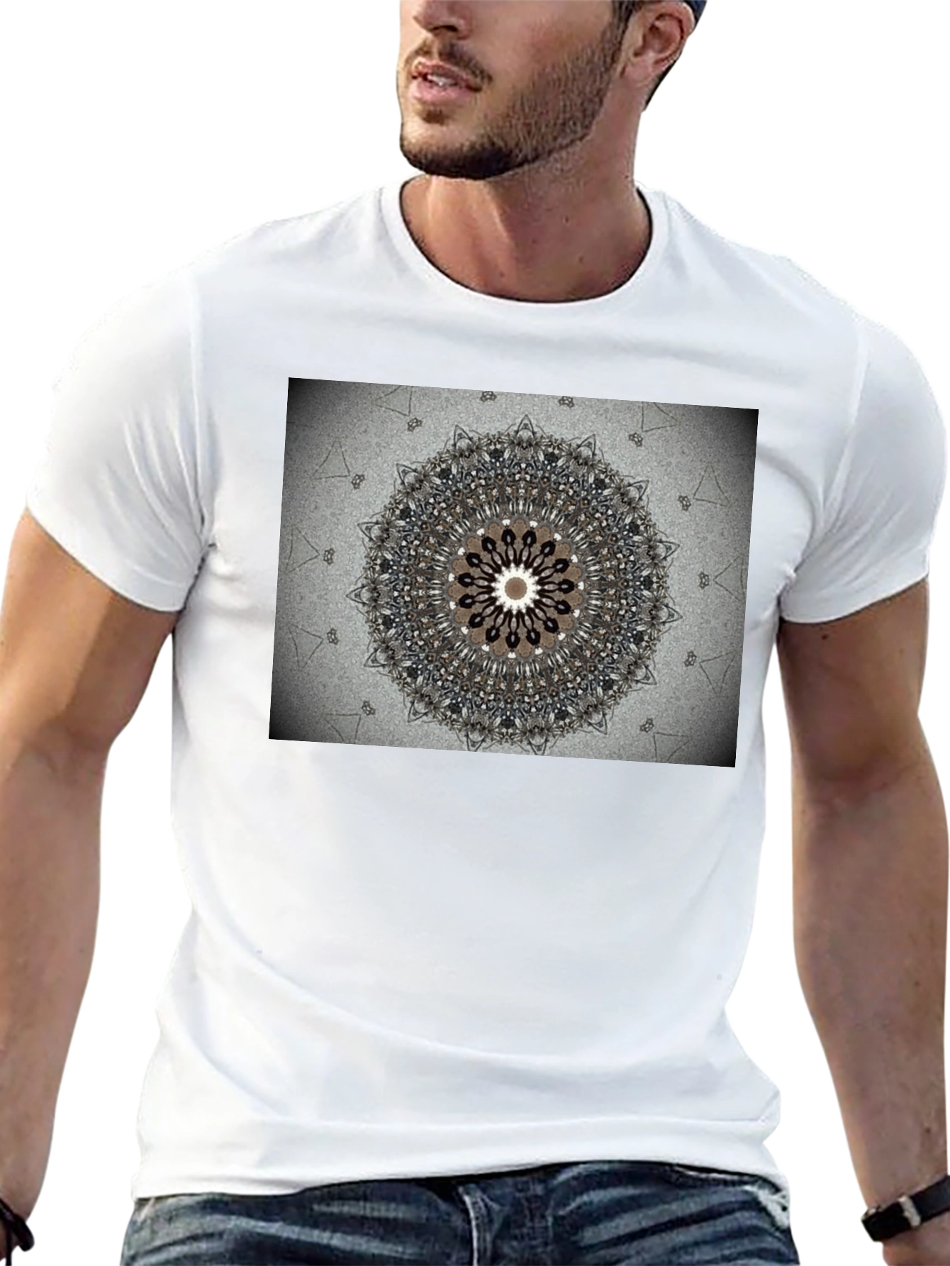 Geometric Mandala Print Black Crewneck T-Shirt