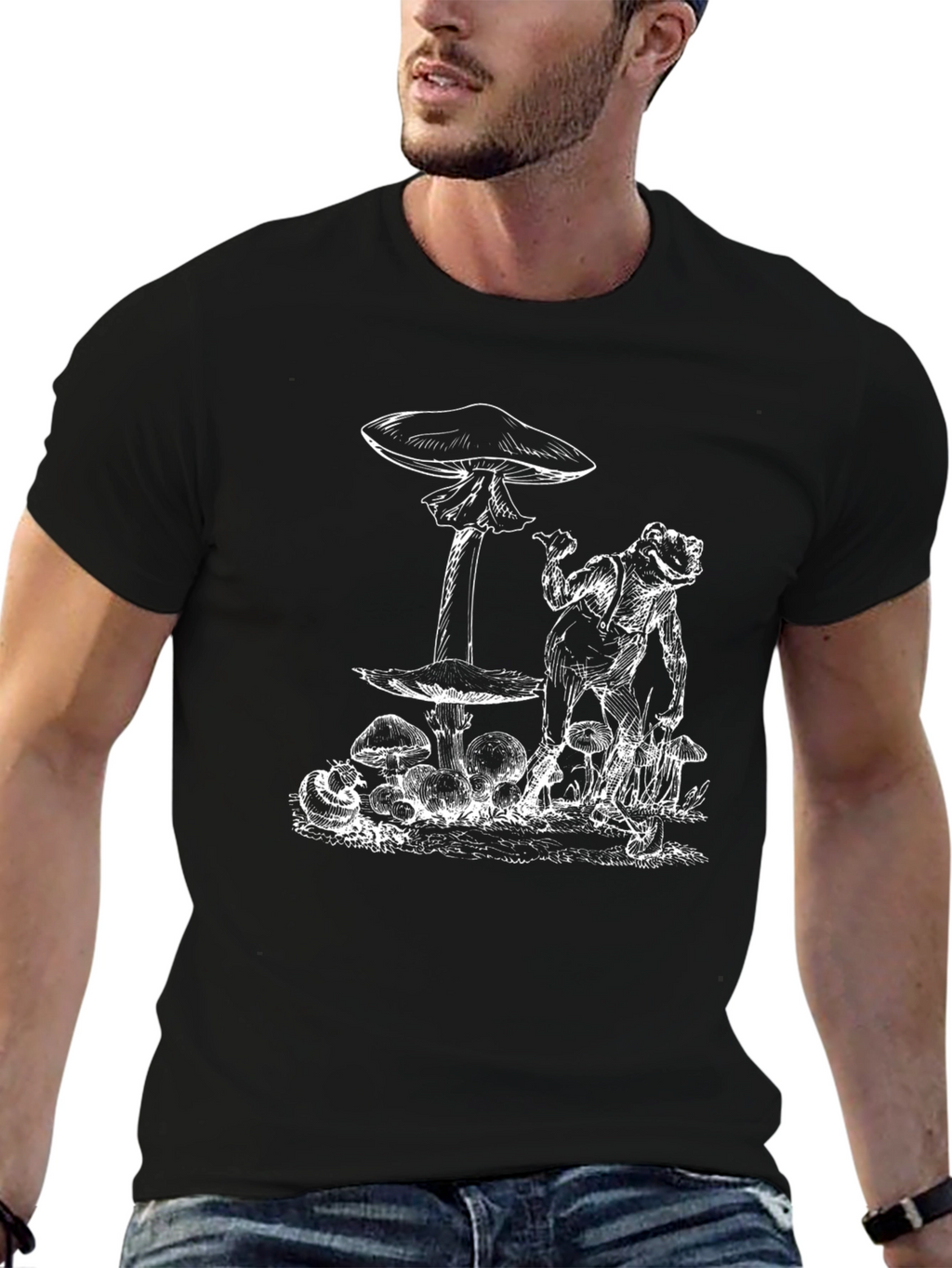 Frog and Mushroom Graphic Tee - Black Cotton Blend