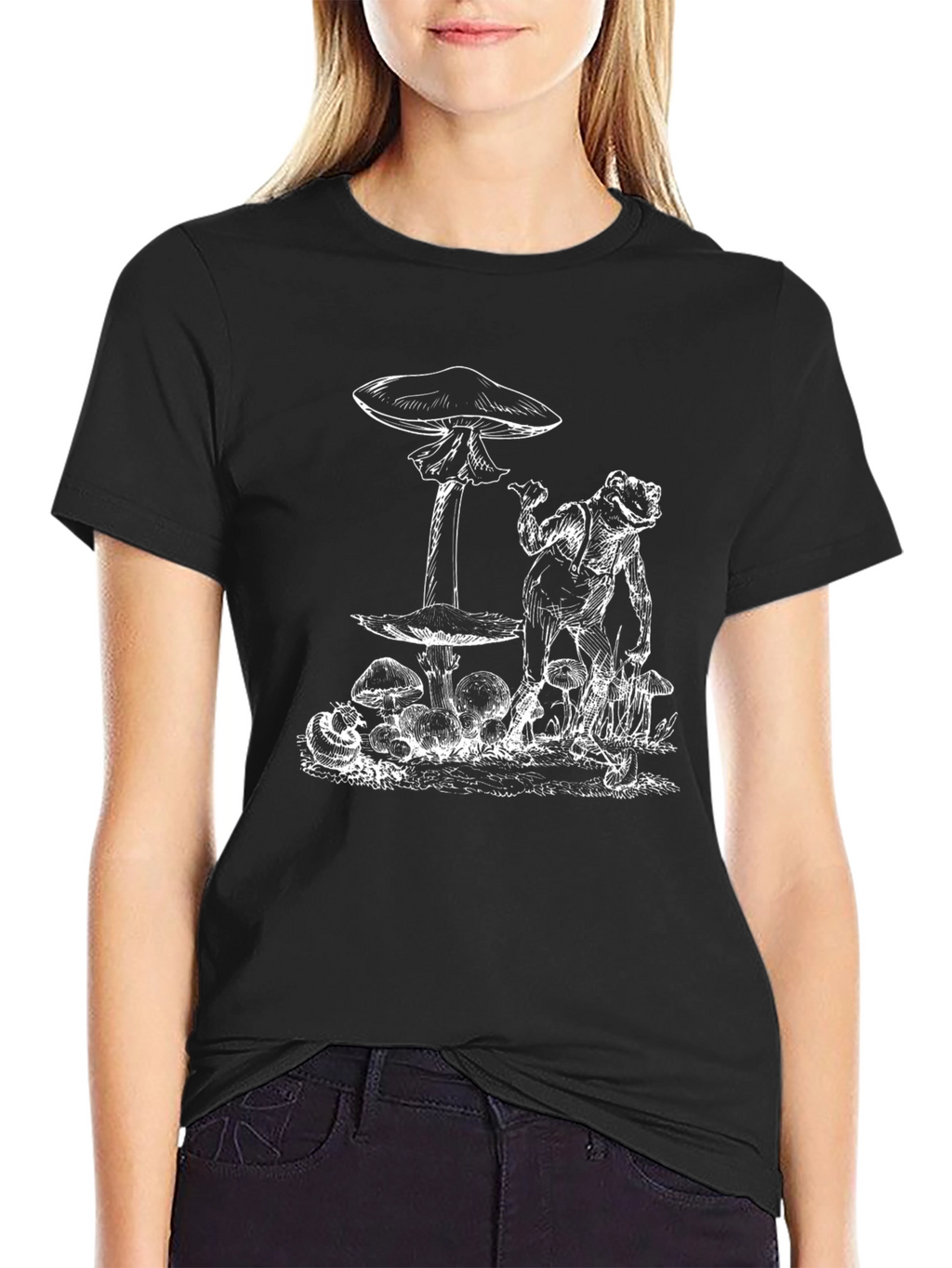 Frog and Mushroom Graphic Tee - Black Cotton Blend