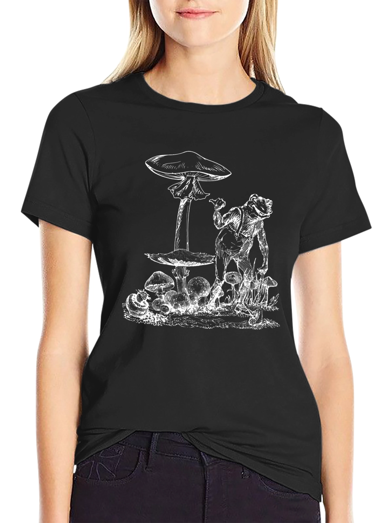 Frog and Mushroom Graphic Tee - Black Cotton Blend