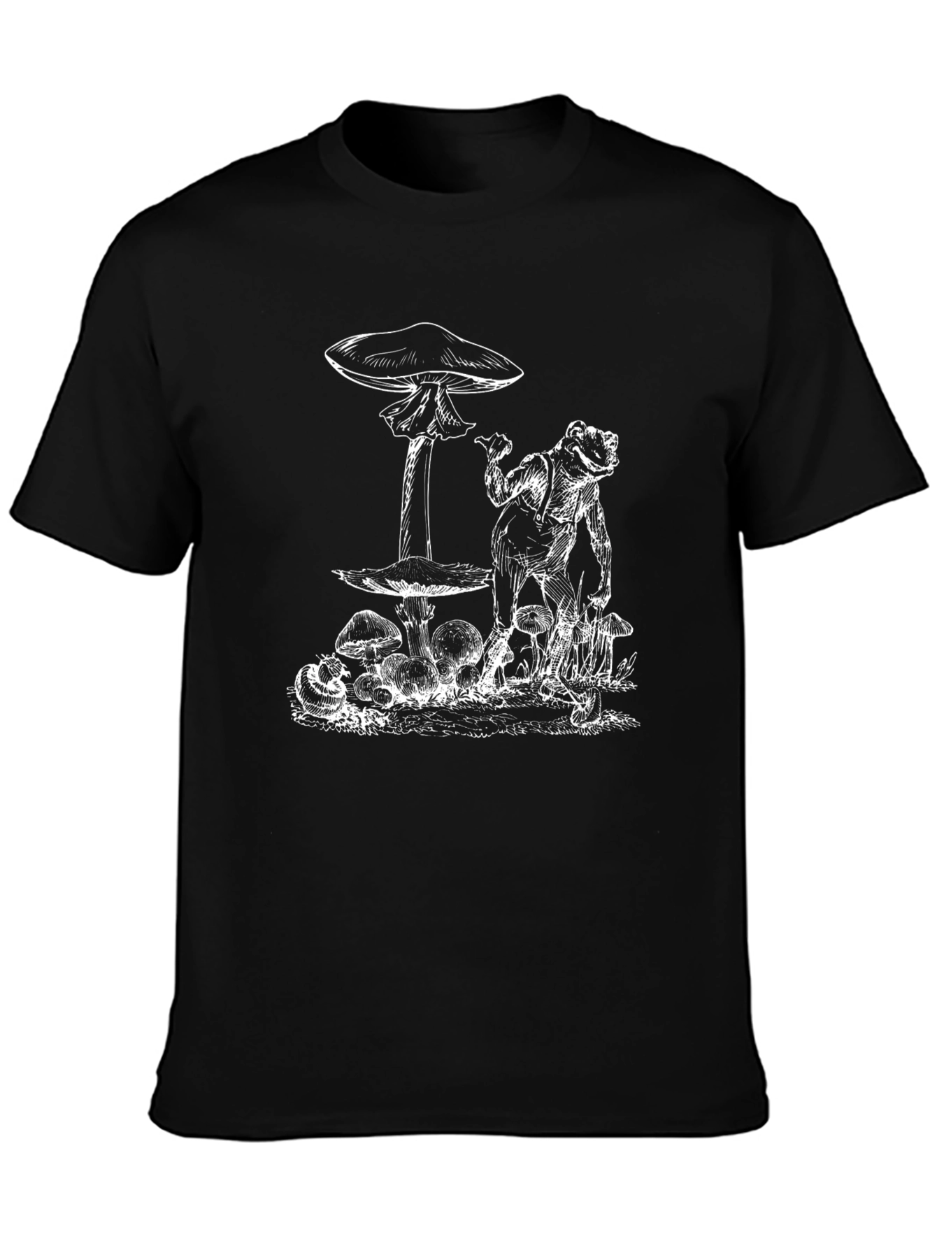 Frog and Mushroom Graphic Tee - Black Cotton Blend