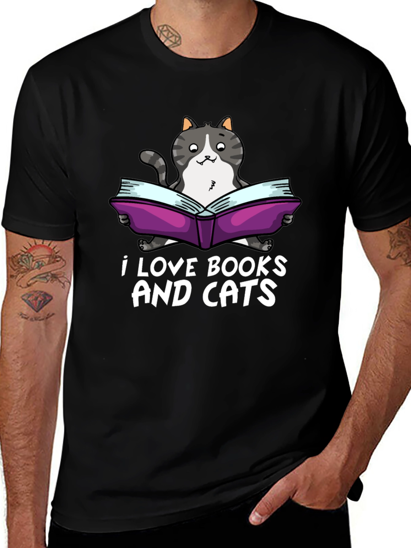 I Love Books and Cats Black T-Shirt