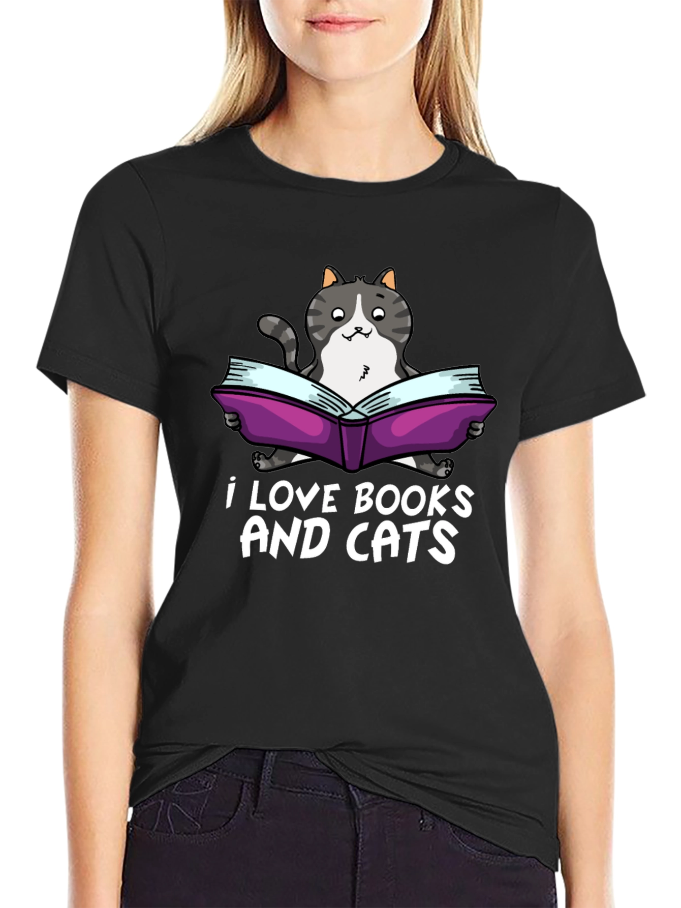 I Love Books and Cats Black T-Shirt