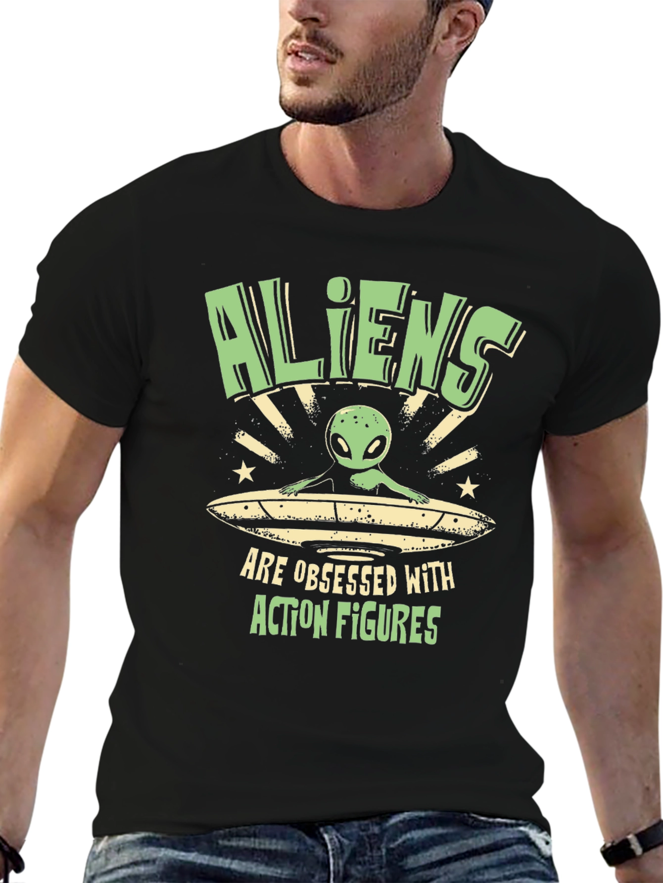 Aliens Obsessed with Action Figures Black T-Shirt