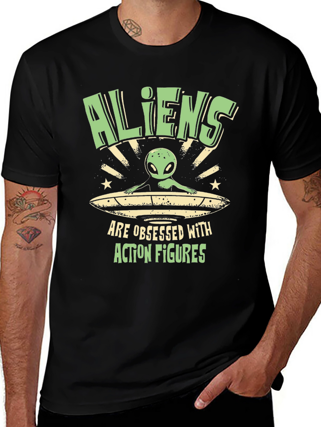 Aliens Obsessed with Action Figures Black T-Shirt