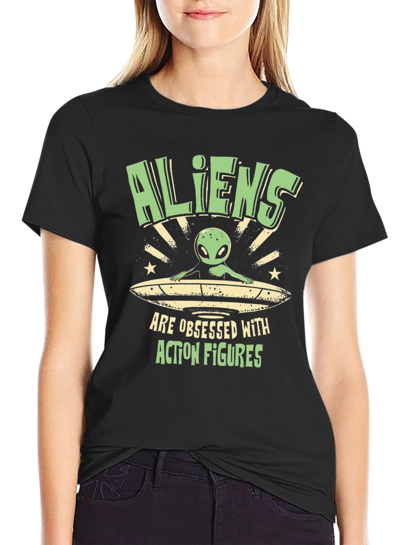 Aliens Obsessed with Action Figures Black T-Shirt