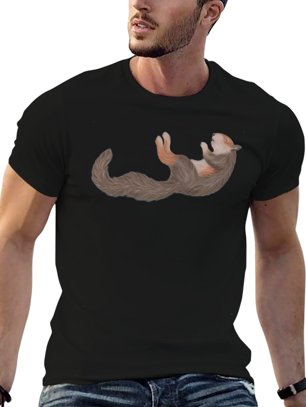 Squirrel Relaxing on Black Cotton T-Shirt