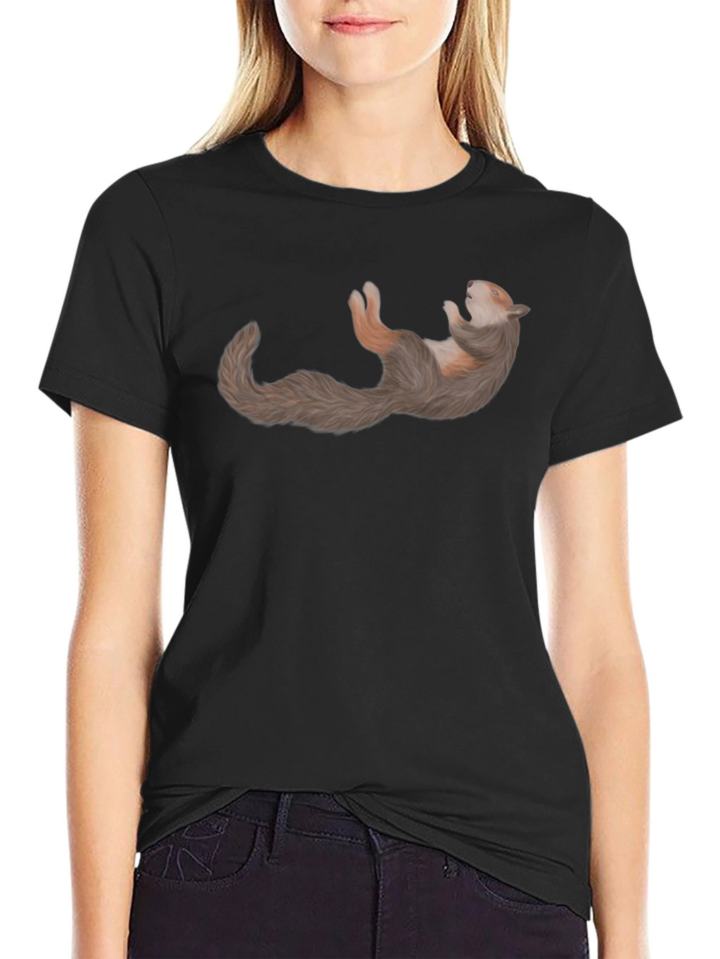 Squirrel Relaxing on Black Cotton T-Shirt