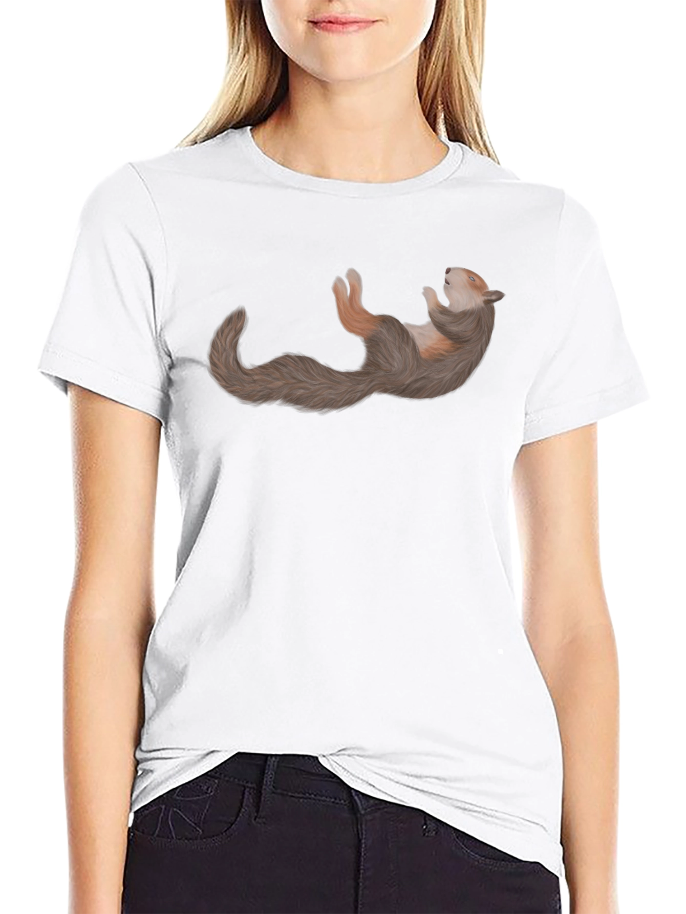 Squirrel Relaxing on Black Cotton T-Shirt
