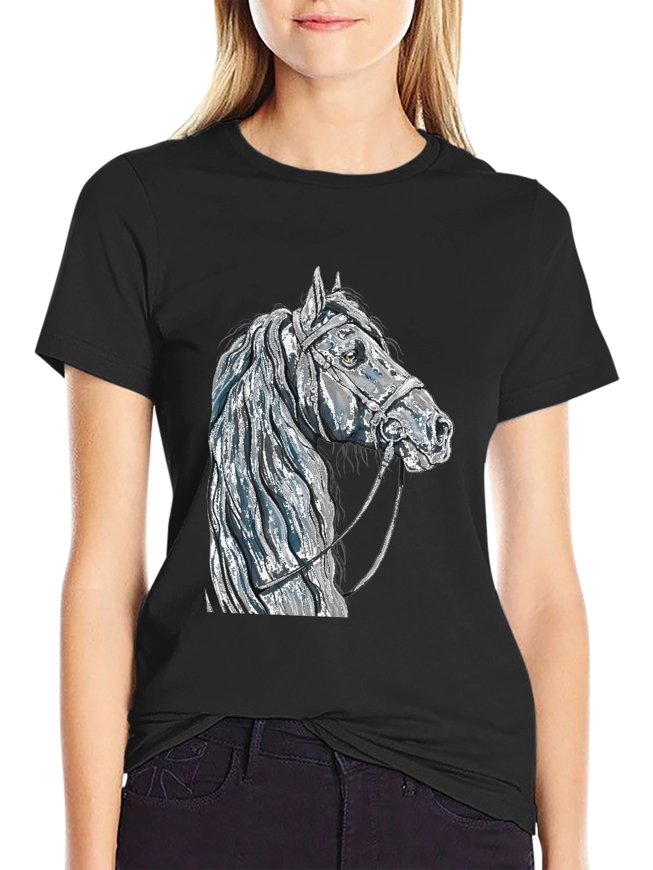 Horse Head Graphic Tee - Black Cotton Blend T-Shirt