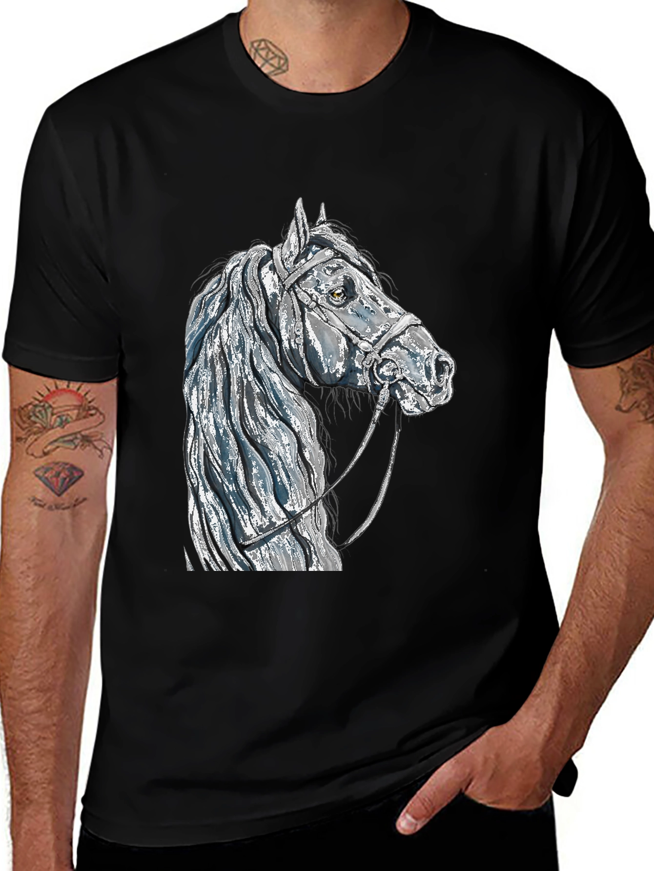 Horse Head Graphic Tee - Black Cotton Blend T-Shirt